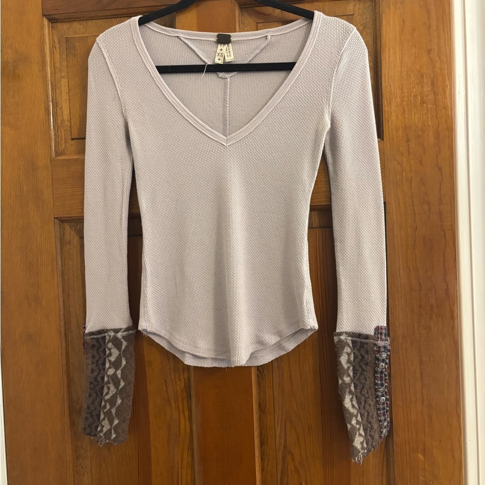 Free People Light Purple Waffle V-Neck Long Sleeve